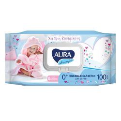 Aura Ultra Comfort Детские Влажные салфетки с Экстрактом Алоэ и Витамином Е с крышкой 100шт
