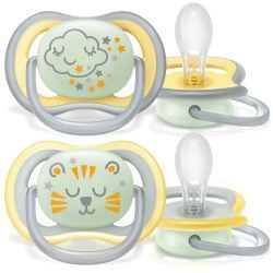 Avent Пустышка силиконовая ночная Ultra Air (Котик/Тучка) 18+мес 2шт
