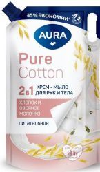 Aura Pure Cotton Крем-Мыло 2в1 для Рук и Тела (Хлопок/Овсяное молочко) {Дой-Пак} 850мл