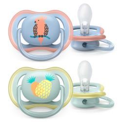 Avent Пустышка силиконовая Ultra Air с футляром (Попугай/Ананас) 0-6мес 2шт