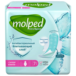 Molped Прокладки Гигиенические Antibacterial Long Super с крылышками 5 капель 7шт