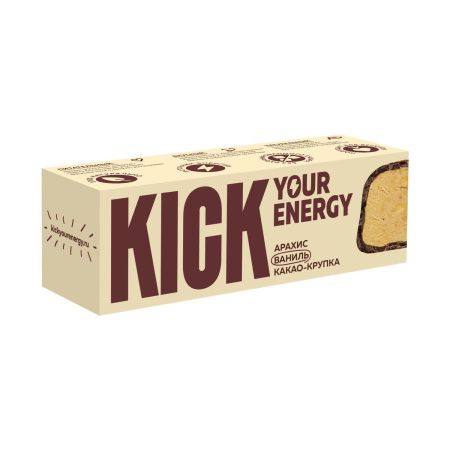 KICK YOUR ENERGY Батончик Арахис с Ванилью и Какао (Крупка) 45гр KICK YOUR ENERGY Батончик Арахис с Ванилью и Какао (Крупка) 45гр