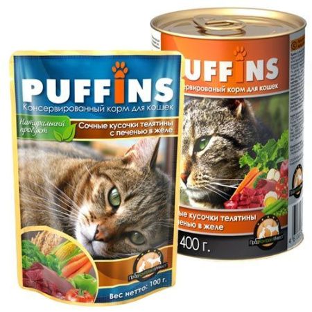Пуффинс консервы для кошек Телятина -Печень кусочки мяса в желе 415гр.