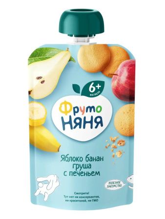 ФрутоНяня Пюре Яблоко, Банан, Груша с Печеньем {с 6 мес} {Гуалапак} 90г.