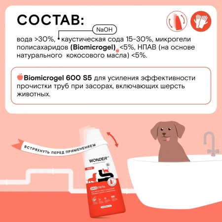 WonderLab Экогель для Труб и устранения Засоров в Домах с Животными 1,1л