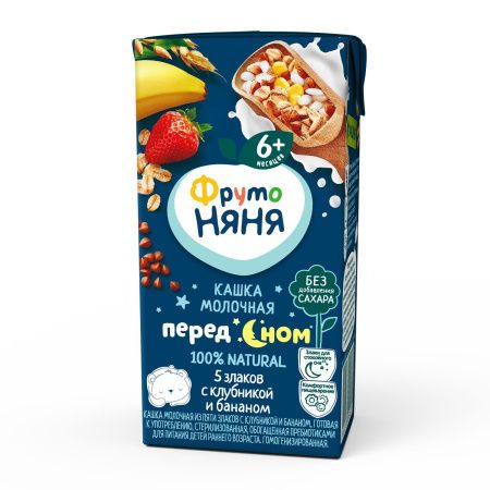 ФрутоНяня Кашка 5 Злаков с Клубникой и Бананом с Молоком с Пребиотиками и Фруктозой {с 6 мес} 0,2л