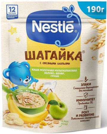 NESTLE Каша ШАГАЙКА Молочная Мультизлаковая Яблоко Банан Груша {с 12 мес} Doy Pack 190г