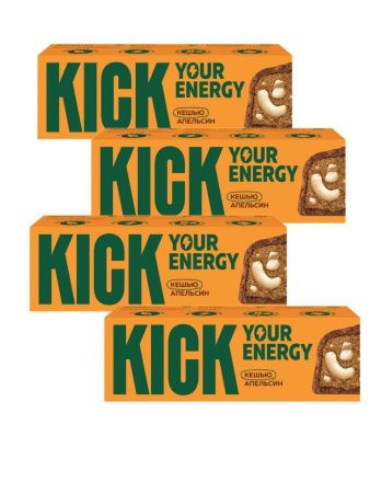 KICK YOUR ENERGY Батончик Кешью с Какао и Маслом Апельсина в Карамельном Шоколаде 45гр - 4 шт.