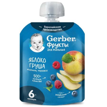 GERBER Пюре Фруктовое Яблоко Груша Малина Черника {с 6 мес} 90г.