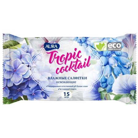 Aura Tropic Coctail Влажные салфетки Освежающие 15шт