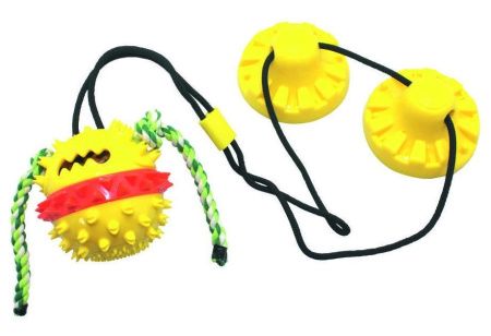 №1  Игрушка интерактивная для собак Тяни-Кусай,  с двумя присосками, 75см, желтый шипованый мяч с ве