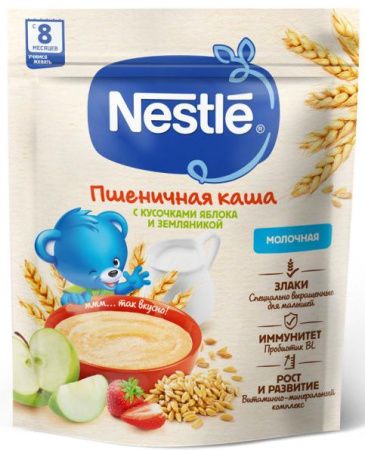 NESTLE Каша Молочная Пшеничная с Кусочками Яблока и Земляникой {с 8 мес} Doy Pack 200г.