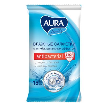 Aura Family Влажные салфетки с Антибактериальным эффектом 15шт