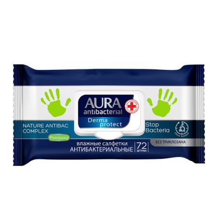 Aura Derma Protect Влажные салфетки Антибактериальные (Ромашка) с крышкой 72шт