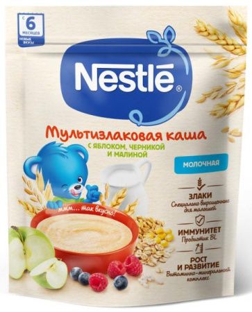 NESTLE Каша Молочная Мультизлаковая с Яблоком,Черникой и Малиной {с 6 мес} Doy Pack 200г.