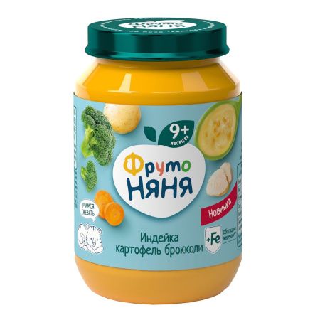 ФрутоНяня Пюре с Кусочками из Индейки, Брокколи и Картофеля,обог Желез {с 9 мес} ст/б 190г.
