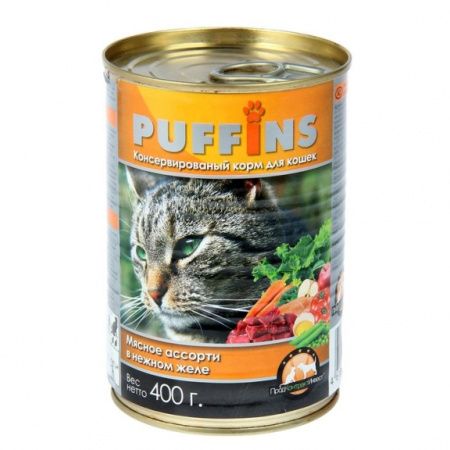 Пуффинс консервы для кошек Мясное ассорти кусочки мяса в желе 415гр.
