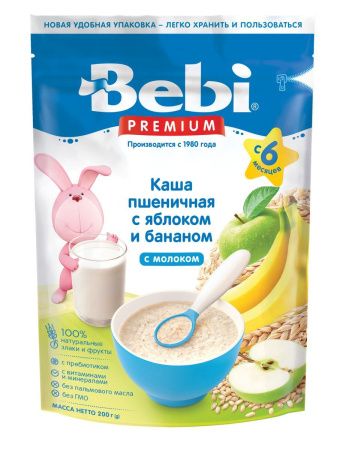 BEBI PREMIUM Каша Пшеничная Яблоко, Банан с Молоком {с 6 мес.} 200г
