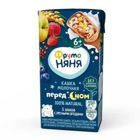ФрутоНяня Кашка 5 Злаков с Лесными Ягодами с Молоком с Пребиотиками и Фруктозой {с 6 мес} 0,2л