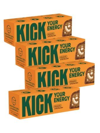 KICK YOUR ENERGY Батончик Кешью с Какао и Маслом Апельсина в Карамельном Шоколаде 45гр - 4 шт.