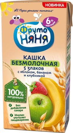 ФрутоНяня Кашка Безмолочная 5 Злаков с Яблоком, Банан, Клубника с Пребиотиками {с 6 мес} 0,2л