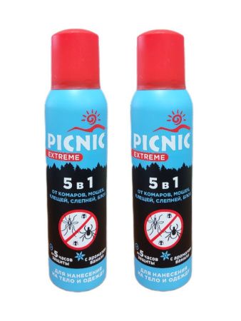 Picnic Extreme Аэрозоль 5 в 1 от Комаров, Мошки, Клещей, Слепней, Блох Т150мл - 2 шт.