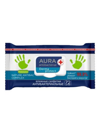 Aura Derma Protect Влажные салфетки Антибактериальные (Ромашка) с крышкой 72шт-2шт