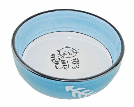 N1 Миска керамическая, голубая, рисунок  довольный кот , 11,5*5см, 1*48шт