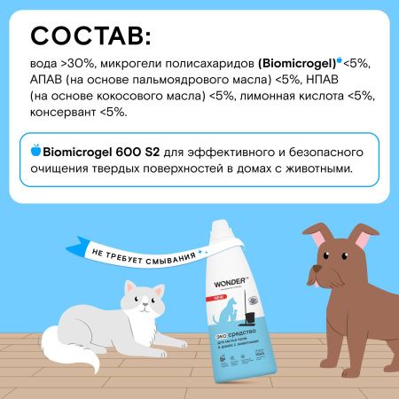 WonderLab Экосредство для Мытья Пола в Домах с Животными 1,1л