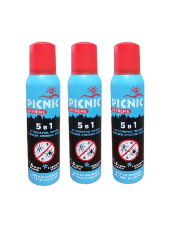 Picnic Extreme Аэрозоль 5 в 1 от Комаров, Мошки, Клещей, Слепней, Блох Т150мл - 3 шт.