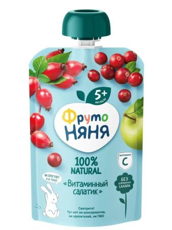 ФрутоНяня Пюре Витаминный Салатик из Яблок, Шиповника и Клюквы без сах {с 5 мес} {Гуалапак} 90г.